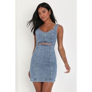 Lulus Charming Edge Light Blue Denim Cutout Mini Dress - Size XS